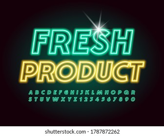 Logotipo de calidad del vector Producto fresco. Fuente Neon verde. Letras y números alfabetos de luz eléctrica