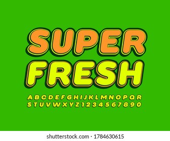 Vector quality logo Super Fresh. Trendy Green Font. Youth style Bright Alphabet Letters and Number 