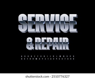 Vector quality logotype Service and Repair. Modern Silver Font. 3D Metallic Alphabet Letters and Numbers set.
