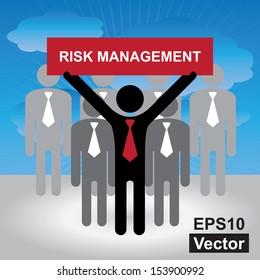 Vector : Quality Management Systems, Quality Assurance and Quality Control Concept Present By Group of Businessman With Red Risk Management Sign on Hand in Blue Sky Background