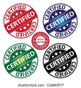 Vector : Quality Management Systems, Quality Assurance and Quality Control Concept Present By Certified Label on Colorful Circle Glossy Icon With Certified Text Around Isolated on White Background 