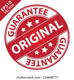 Vector : Quality Management Systems, Quality Assurance and Quality Control Concept Present By Original Label on Red Grunge Glossy Style Icon With Guarantee Text Around Isolated on White Background 
