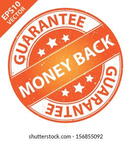 Vector : Quality Management Systems, Quality Assurance and Quality Control Concept Present By Money Back Label on Orange Grunge Glossy Style Icon With Guarantee Text Around Isolated on White 