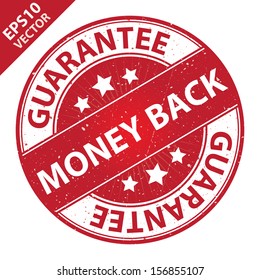 Vektorgrafik: Qualitätsmanagementsysteme, Qualitätssicherung und Qualitätskontrolle Concept Present by Money Back Label auf Red Grunge Glossy Style Icon mit Garantietext rundum einzeln auf weißem Hintergrund 