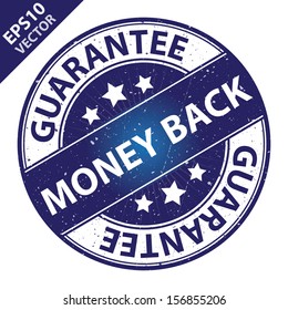 Vector : Quality Management Systems, Quality Assurance and Quality Control Concept Present By Money Back Label on Blue Grunge Glossy Style Icon With Guarantee Text Around Isolated on White Background 