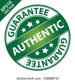 Vector : Quality Management Systems, Quality Assurance and Quality Control Concept Present By Authentic Label on Green Grunge Glossy Style Icon With Guarantee Text Around Isolated on White Background