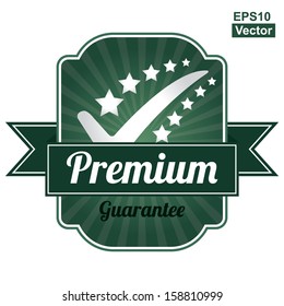 Vector : Quality Management Systems, Quality Assurance and Quality Control Concept Present By Green Glossy Style Label With Premium Ribbon and Guarantee Text Below Isolated on White Background 