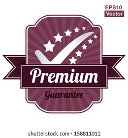 Vector : Quality Management Systems, Quality Assurance and Quality Control Concept Present By Purple Glossy Style Label With Premium Ribbon and Guarantee Text Below Isolated on White Background 