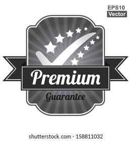 Vector : Quality Management Systems, Quality Assurance and Quality Control Concept Present By Black Glossy Style Label With Premium Ribbon and Guarantee Text Below Isolated on White Background 