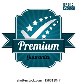 Vector : Quality Management Systems, Quality Assurance and Quality Control Concept Present By Blue Glossy Style Label With Premium Ribbon and Guarantee Text Below Isolated on White Background 