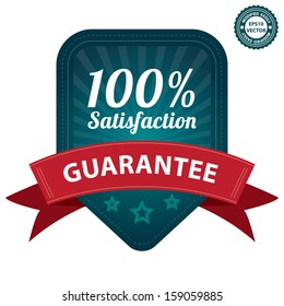 Vector : Quality Management Systems, Quality Assurance, Quality Control or Product Certification Sticker, Tag or Badge Present By 100 Percent Satisfaction Guarantee on Blue Label Isolated on White
