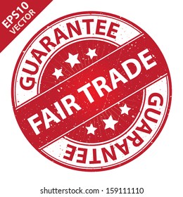 Vector : Quality Management Systems, Quality Assurance and Quality Control Concept Present By Fair Trade Label on Red Grunge Glossy Style Icon With Guarantee Text Around Isolated on White Background