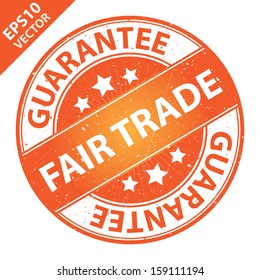 Vector: Quality Management Systems, Quality Assurance and Quality Control Concept Present By Fair Trade Label on Orange Grunge Glossy Style Icon With Guarantee Text Around Isolated on White Background
