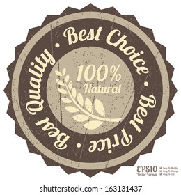 Vector : Quality Management Systems, Quality Assurance and Quality Control Concept Present By Brown Grunge Style 100 Percent Natural Sticker or Icon Isolated on White Background 