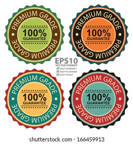 Vector : Quality Management Systems, Quality Assurance and Quality Control Concept Present By Colorful Vintage Style Premium Quality 100 Percent Guarantee Sticker or Icon Isolated on White Background 