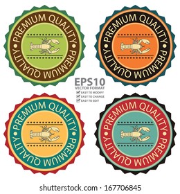 Vector : Quality Management Systems, Quality Assurance and Quality Control Concept Present By Colorful Vintage Style Premium Quality With Lobster Sign Sticker, Stamp, Label or Icon Isolated on White