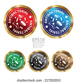Vector : Quality Management Systems, Quality Assurance and Quality Control Icon for Healthcare or Medical Business Present By Circle Metallic Style Antibacterial Sticker or Icon Isolated on White