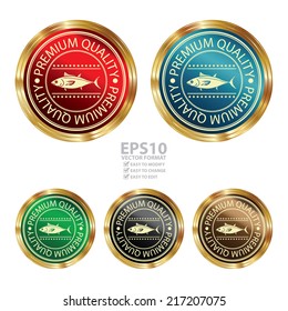 Vector : Quality Management Systems, Quality Assurance and Quality Control Concept Present By Circle Metallic Style Premium Quality With Fish Sign Sticker, Stamp, Label or Icon Isolated on White 