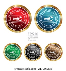 Vector : Quality Management Systems, Quality Assurance and Quality Control Concept Present By Circle Metallic Style Fresh Seafood With Lobster Sign Sticker, Stamp, Label or Icon Isolated on White 