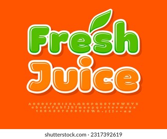 Vector quality sign Fresh Juice with decorative Leaf. Orange glossy Font. Bright Alphabet Letters, Numbers and Symbols set