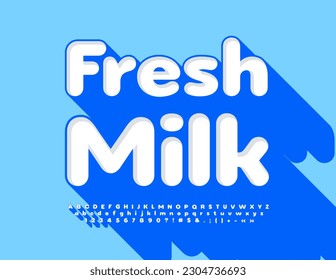 Vector quality sign Fresh Milk. 3D creative Font. White and Blue modern Alphabet Letters, Numbers and Symbols set