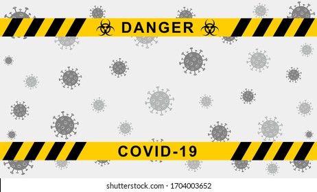 Fondo de cuarentena vectorial. Pancarta de advertencia Coronavirus con rayas negras y amarillas. Brote de Covid-19. Manténgase en casa con el cartel de la atenta.