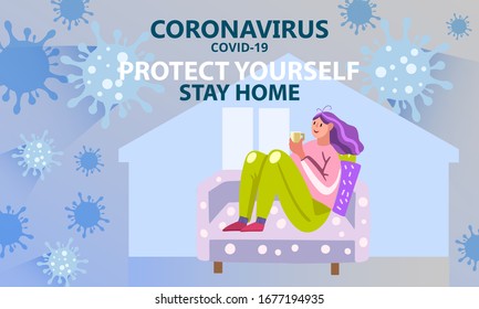 Vector quarantine banner with European female character drinking tea on cozy sofa at home. Protect Yourself coronavirus banner illustrating self-isolation as protection method against Chinese COVID-19