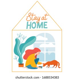 Vector quarantine illustration with a woman feed a cat and who is alone in home isolated to protect virus.