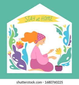 Vector quarantine illustration with a woman plant a flower alone in home isolated to protect virus. 