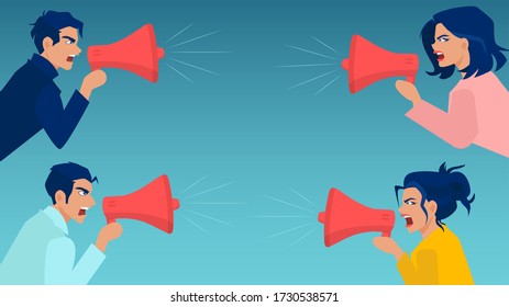 Vector of a quarrel between women and men screaming at each other in megaphones
