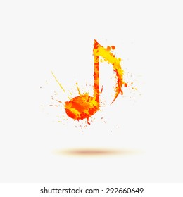 Vector Quaver Note symbol. Watercolor splashes