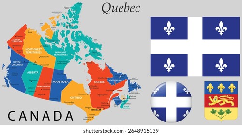 Vector of Quebec coat of arms, flag and map. Great for Canadian themed designs, education, government projects and cultural identity visuals.