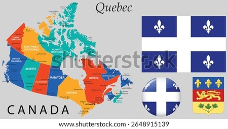 Vector of Quebec coat of arms, flag and map. Great for Canadian themed designs, education, government projects and cultural identity visuals.