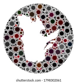 Vector Quebec Province map collage of flu virus. Infection attacks the quarantine territory from out space. Stencils round Quebec Province map collage formed with pathogen items.