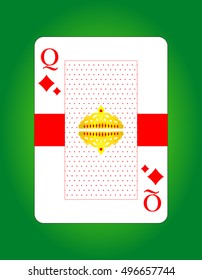 Vector of queen of diamonds. Playing card. Poker card. Isolated on green background.