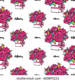 Vector queen hashtag and bouquet of roses seamless pattern. Fashion illustration, patches, stickers. Hand sketched greeting background in vogue style.