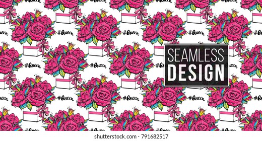 Vector queen hashtag and bouquet of roses seamless pattern. Fashion illustration, patches, stickers. Hand sketched greeting background in vogue style.