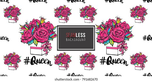 Vector queen hashtag and bouquet of roses seamless pattern. Fashion illustration, patches, stickers. Hand sketched greeting background in vogue style.