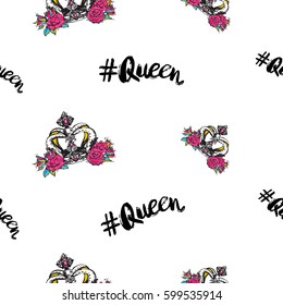 Vector queen hashtag and luxury queen crown seamless pattern. Fashion illustration, patches, stickers. Hand sketched, modern royal background in vogue style.