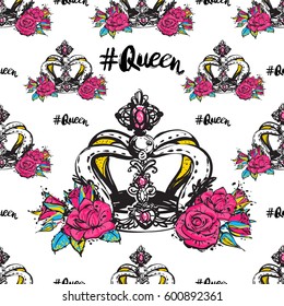 Vector queen hashtag and luxury queen crown seamless pattern. Fashion illustration, patches, stickers. Hand sketched, modern royal background in vogue style.