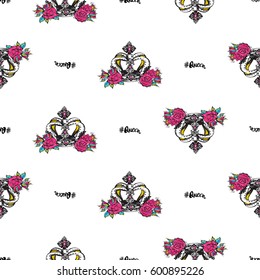 Vector queen hashtag and luxury queen crown seamless pattern. Fashion illustration, patches, stickers. Hand sketched, modern royal background in vogue style.