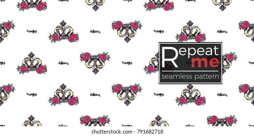 Vector queen hashtag and luxury queen crown seamless pattern. Fashion illustration, patches, stickers. Hand sketched, modern royal background in vogue style.