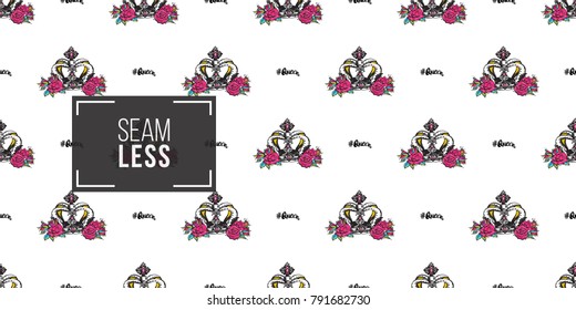 Vector queen hashtag and luxury queen crown seamless pattern. Fashion illustration, patches, stickers. Hand sketched, modern royal background in vogue style.