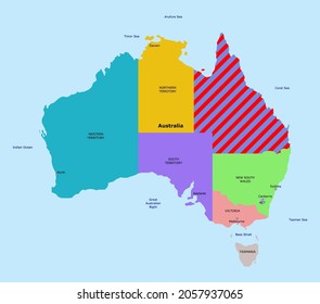 Vector Queensland on Australia map illustration, red highlighted hatched territory. Highlighted illustration of Queensland on Australia map with red hatch for attention.