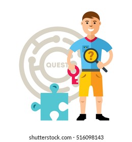 Vector Quest room and man. Flat style colorful Cartoon illustration.