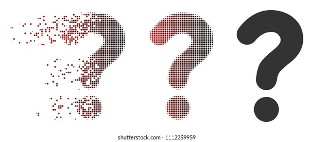 Vector question icon in dissolved, dotted halftone and undamaged solid variants. Disappearing effect involves rectangular dots and horizontal gradient from red to black.