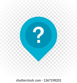 Vector question mark arrow icon isolated on transparent background. EPS 10 UI vector. Blue color. Flat design for modern style application, map, banner, poster, signboard. Support desk location.