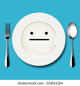 Vector of quiet face draw on white plate with spoon and fork on blue background