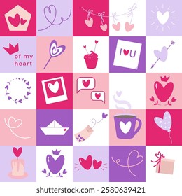 Vector quilt Valentines day background, love season pastel seamless patchwork pattern with heart shape elements
