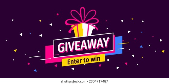 Vector quiz banner with illustration of gift box on dark color background with word giveaway. Social media design for web, contest post, banner, poster, flyer